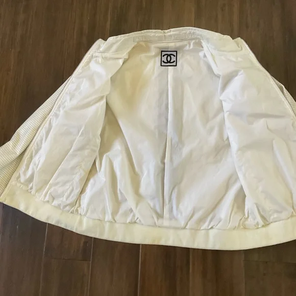Chanel White Size 8-10 Perforated Leather Bomber Jacket Branded Back Stripe